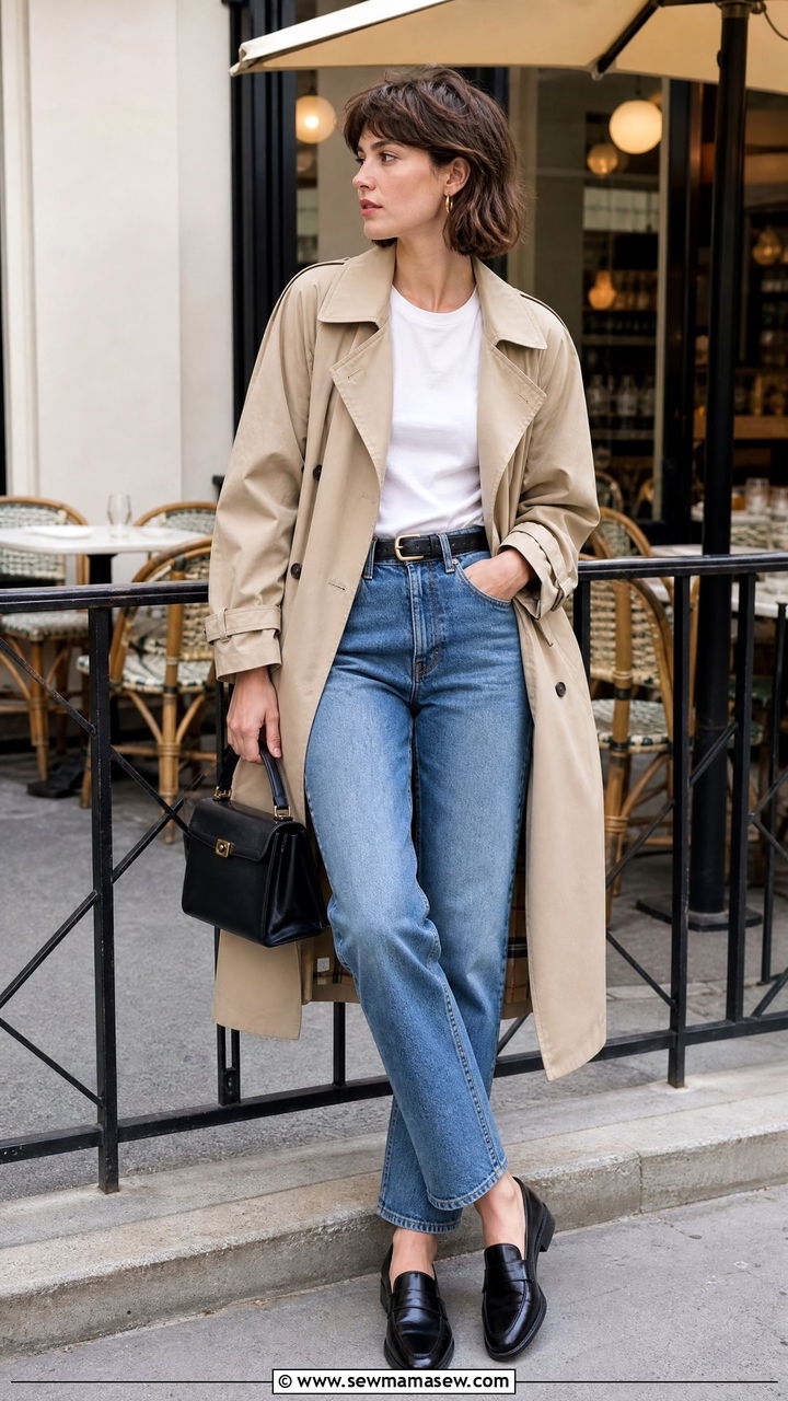 Beige Trench Coat Over a White Tee and Jeans - 25 French girl outfit ideas casual