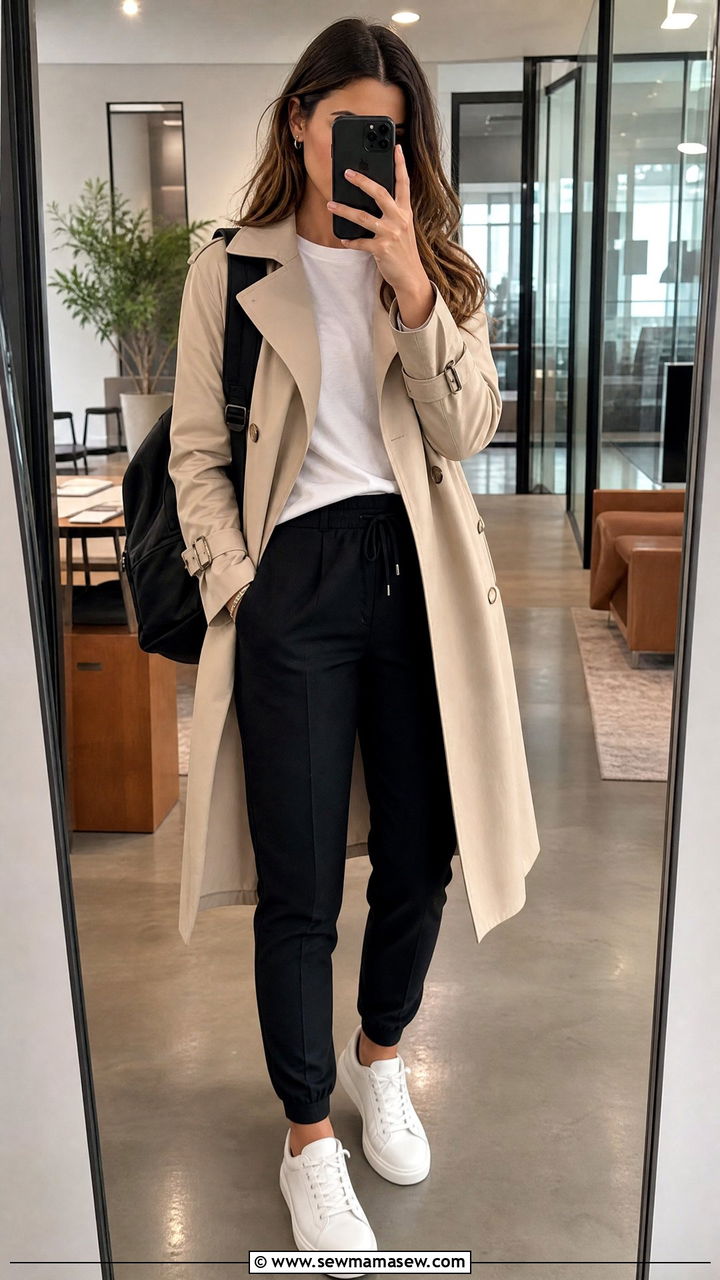Beige Trench Coat With A White Tee And Black Joggers - 30 Marketer outfit ideas