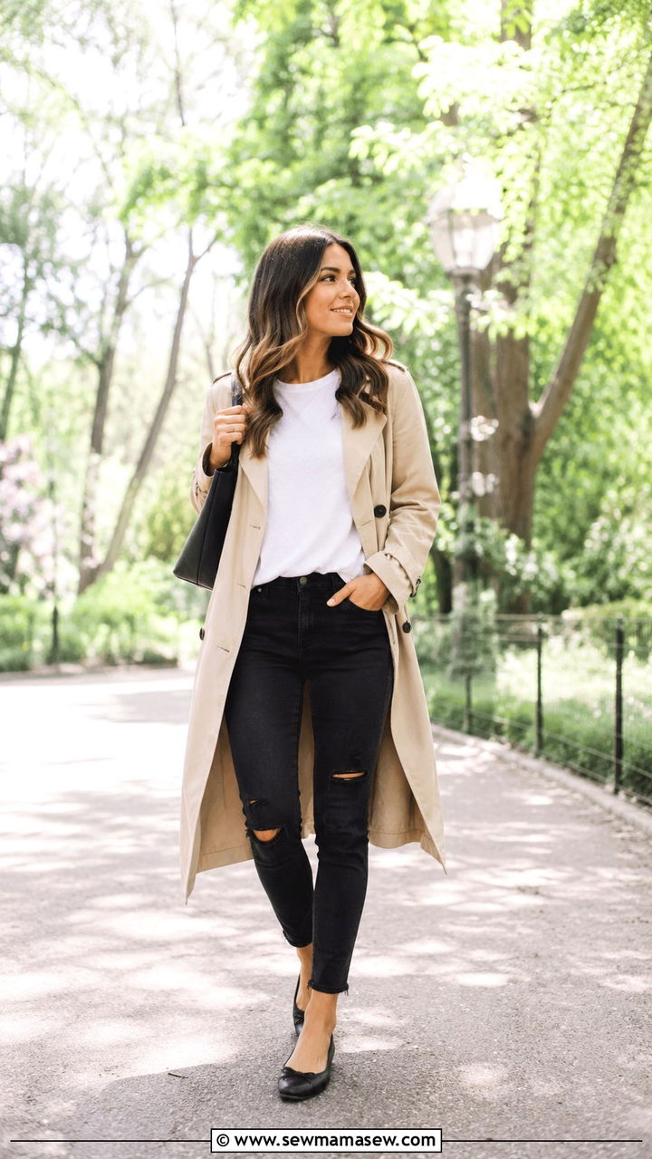 Beige Trench Coat With Black Distressed Jeans And Ballet Flats - 25 Black jeans outfit ideas with a trench coat
