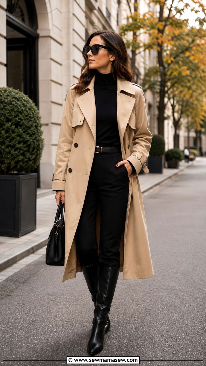 Beige Trench Coat With Black Knee High Boots - 30 Long trench coat outfit ideas with boots