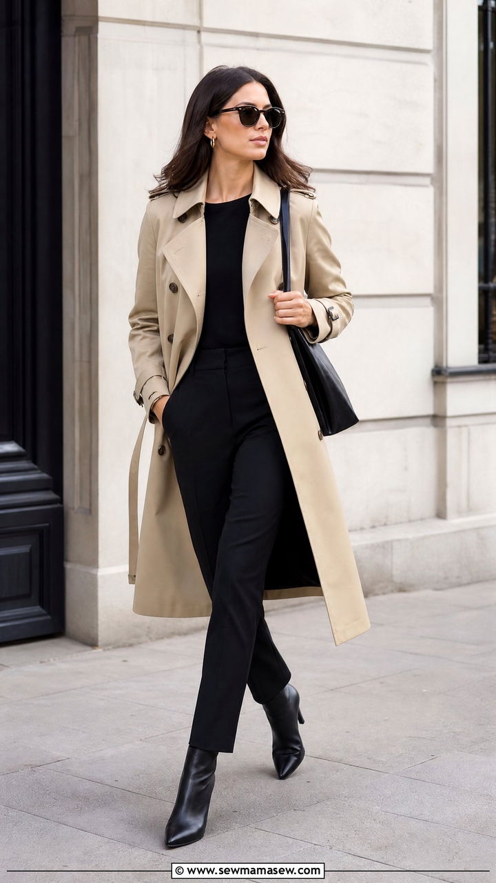 Beige Trench Coat With Black Slim Trousers - 35 Minimalist work outfits