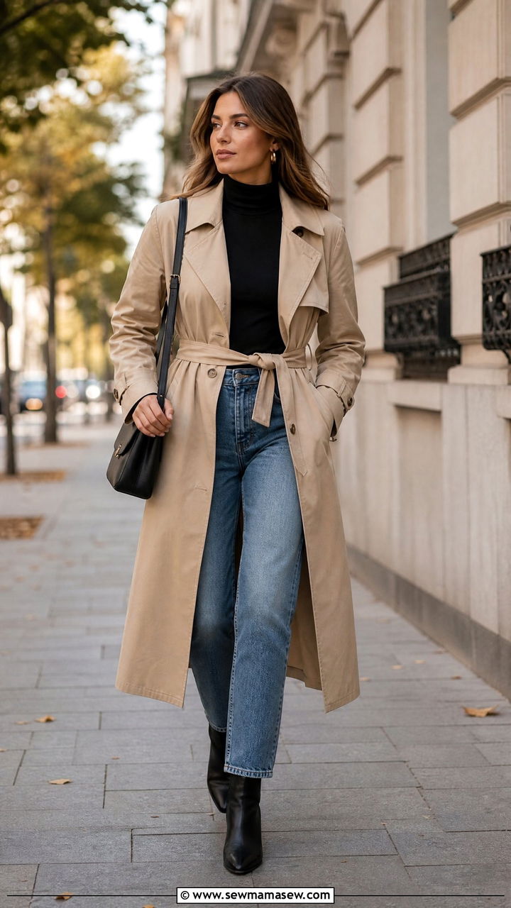 Beige Trench Coat With Black Turtleneck And Straight Jeans - 30 clean girl outfits ideas