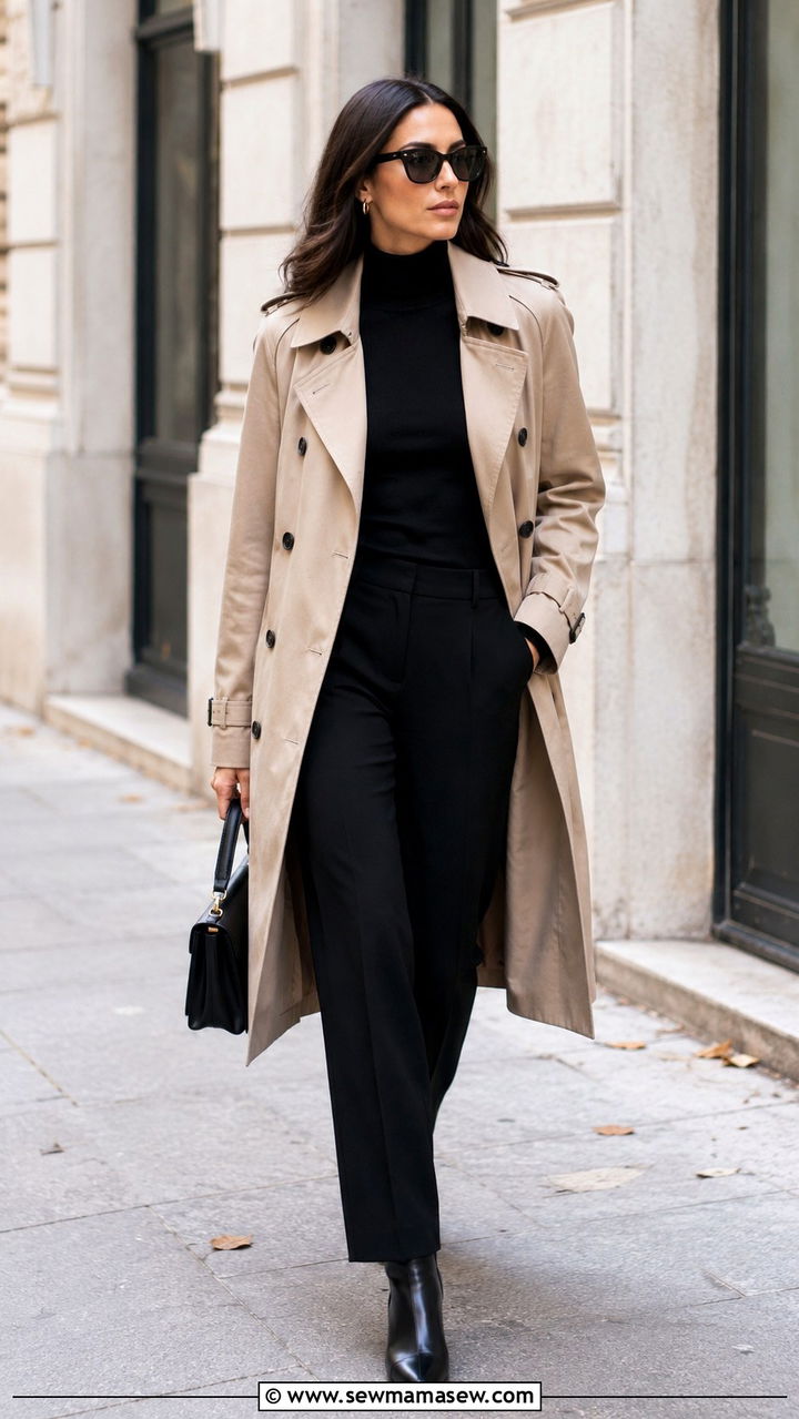 Beige Trench Coat With Black Turtleneck And Tailored Black Trousers - 20 Quiet luxury The Row dupes outfit ideas