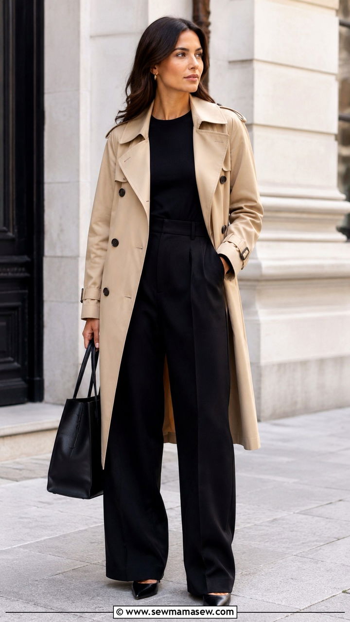 Beige Trench Coat With Black Wide Leg Trousers Outfit - 25 Wide leg trousers outfit ideas with a trench coat