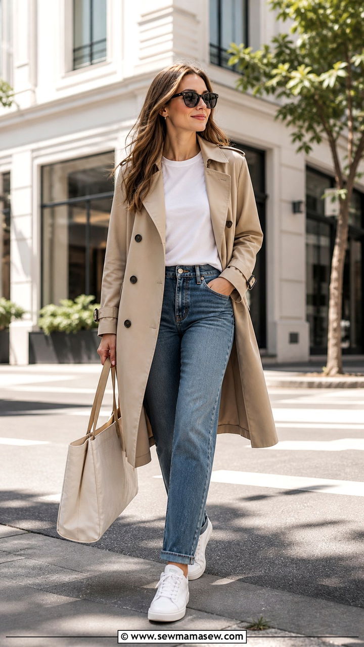 Beige Trench Coat With Blue Jeans And White Tee - 40 Beige outfit ideas
