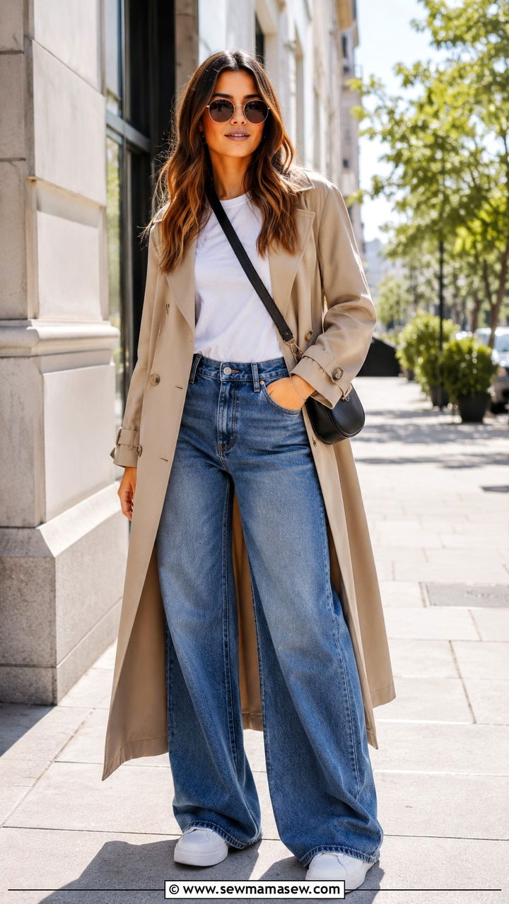 Beige Trench Coat With Blue Wide Leg Jeans - 30 Long trench coat outfit ideas with wide leg pants