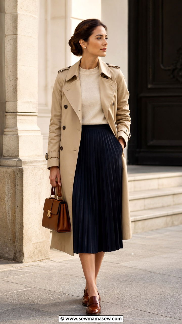 Beige Trench Coat With Cashmere Sweater And Pleated Skirt - 25 Old money outfit ideas with trench coat