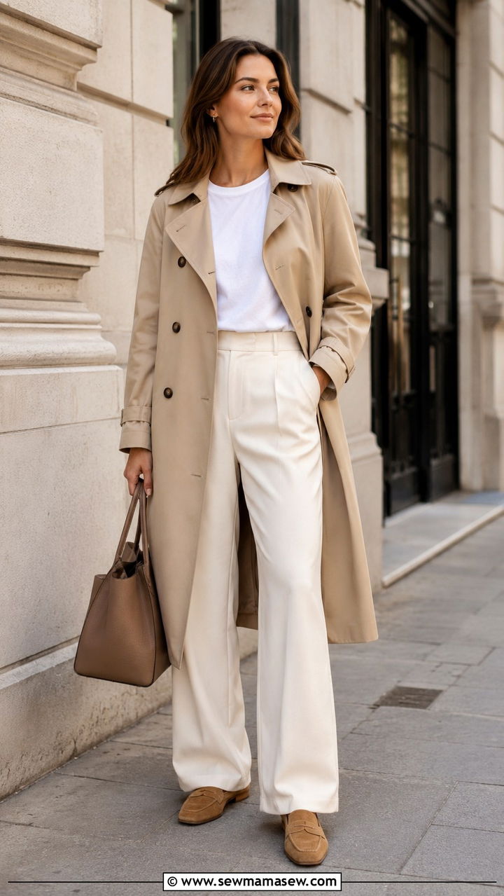Beige Trench Coat With Cream Wide Leg Trousers - 30 transitional neutral outfit ideas