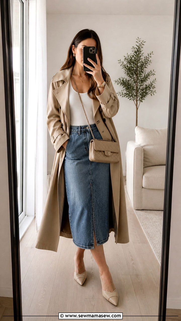 Beige Trench Coat With Denim Midi Skirt - 40 Chic spring outfit ideas 2026