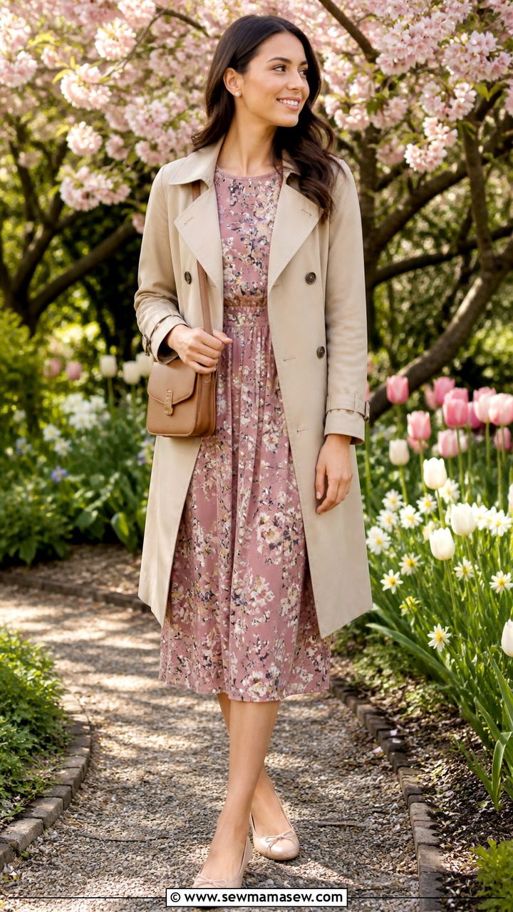 Beige Trench Coat With Floral Midi Dress And Ballet Flats - 40 light academia outfits for women