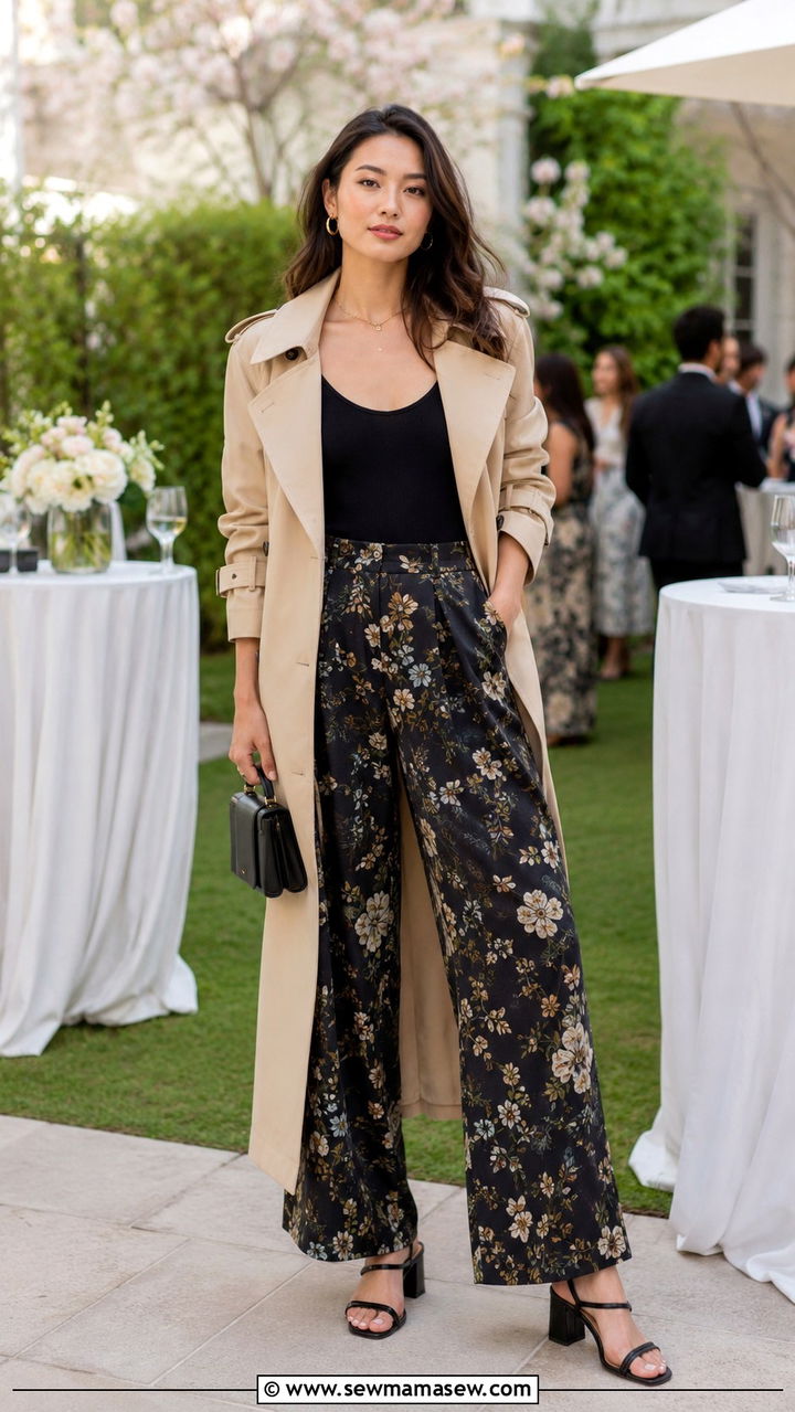 Beige Trench Coat With Floral Wide Leg Pants - 30 Long trench coat outfit ideas with wide leg pants