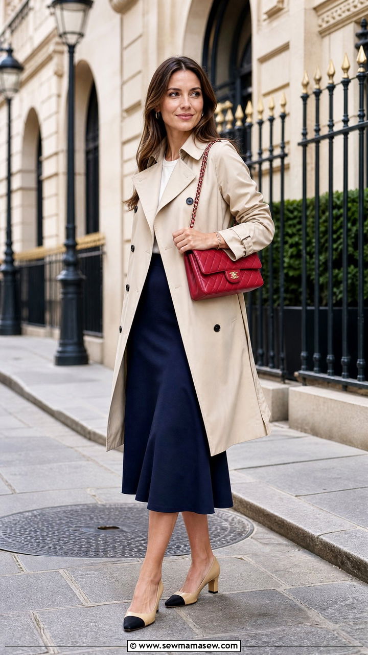 Beige Trench Coat With Midi Skirt And Chanel Bag - 30 French girl outfit ideas with Chanel bag