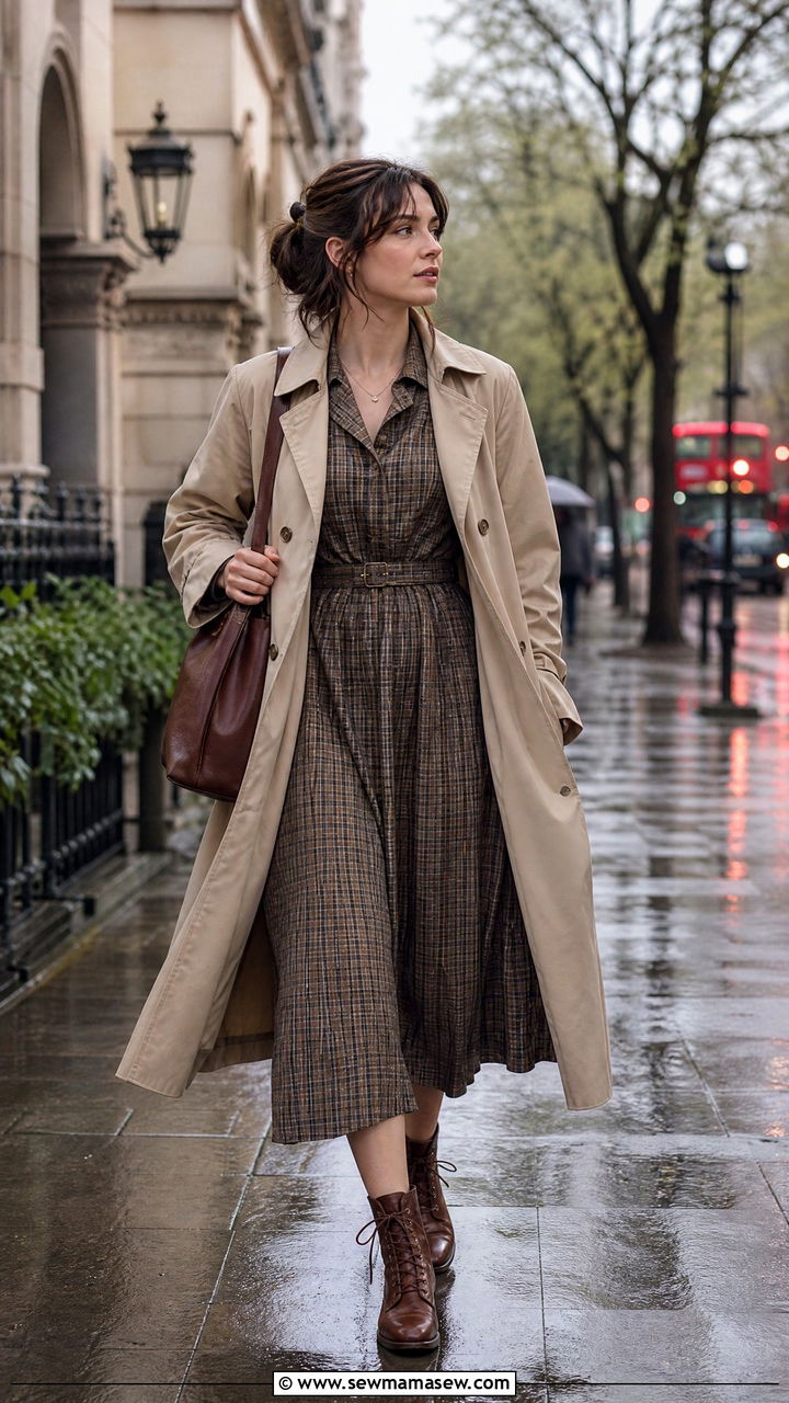 Beige Trench Coat With Plaid Dress Outfit - 30 Dark academia spring outfits