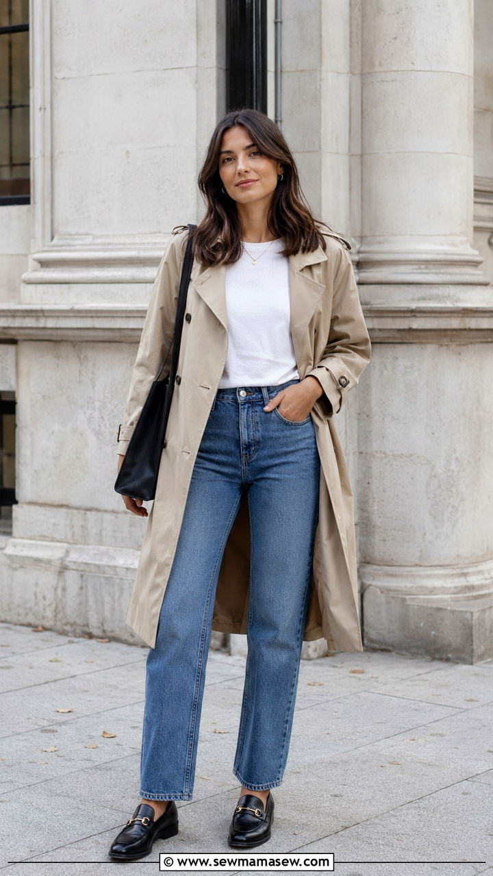 Beige Trench Coat With Straight Leg Jeans and Loafers - 20 Quiet luxury outfit ideas Celine Old style