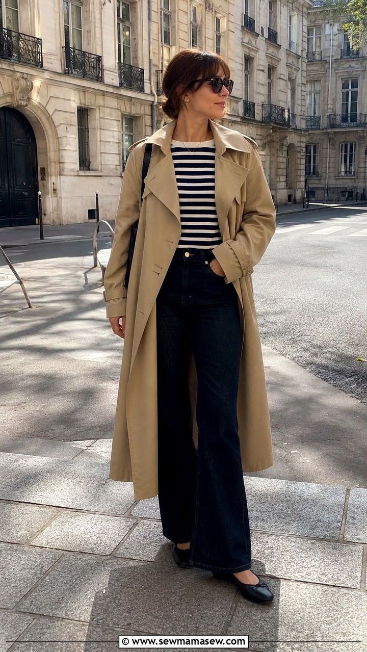 Beige Trench Coat With Striped Breton Top And Flared Jeans - 30 Quiet luxury outfit ideas with jeans