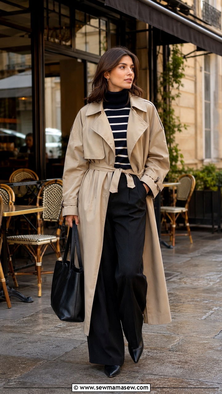 Beige Trench Coat With Striped Turtleneck And Black Wide Leg Trousers - 30 Long trench coat outfit ideas with wide leg pants