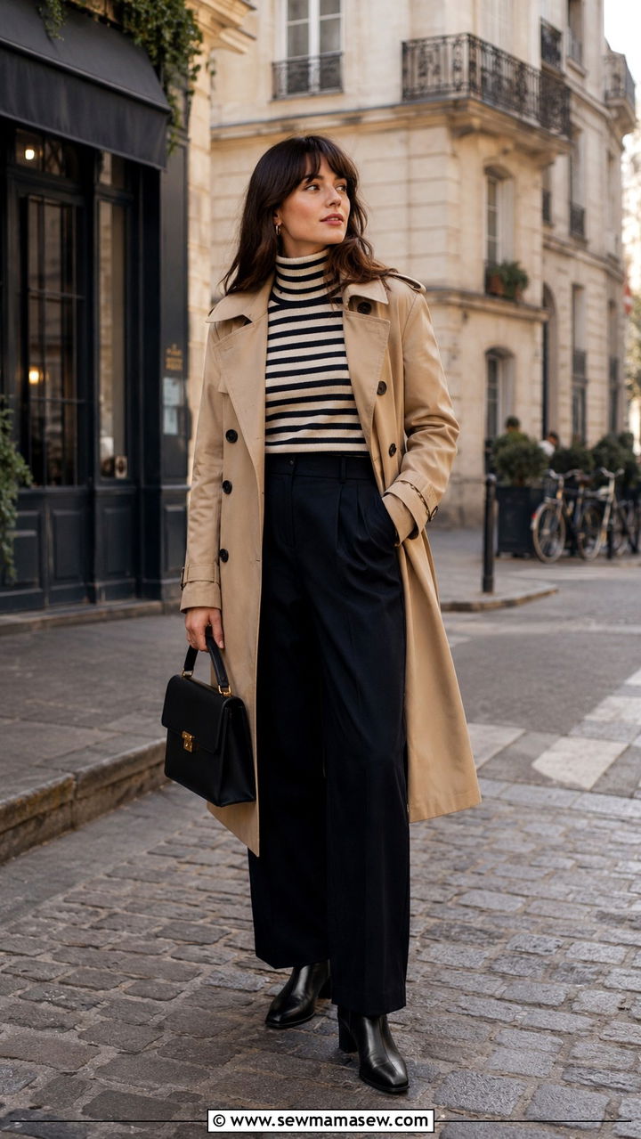 Beige Trench Coat With Striped Turtleneck And Wide Leg Trousers Outfit - 25 Wide leg trousers outfit ideas with a trench coat