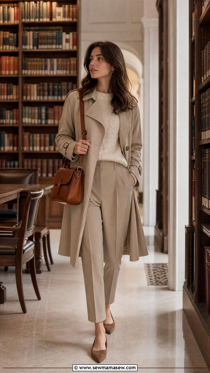 Beige Trench Coat With Tailored Trousers Outfit - 25 light academia outfits 2026