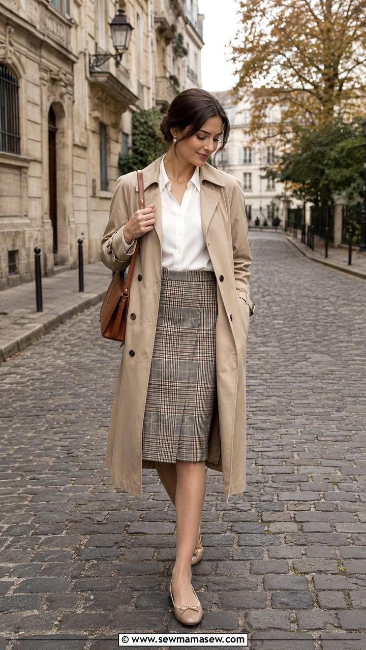 Beige Trench Coat With White Blouse And Plaid Skirt - 30 light academia outfits inspo