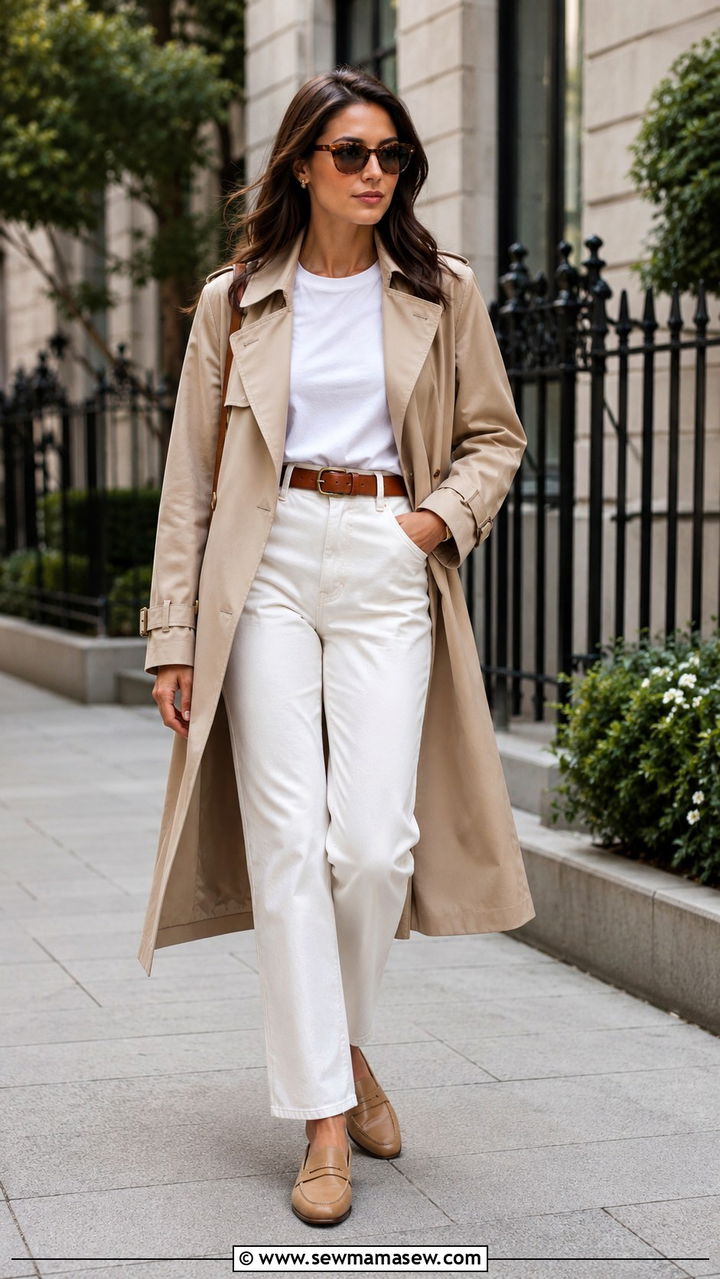 Beige Trench Coat With White Jeans - 30 Old money outfit ideas spring 2026