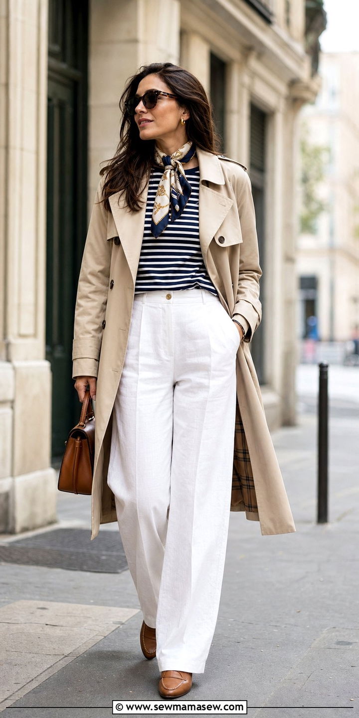 Beige Trench Coat With White Linen Pants And Striped Top - 25 spring coastal grandmother outfit ideas