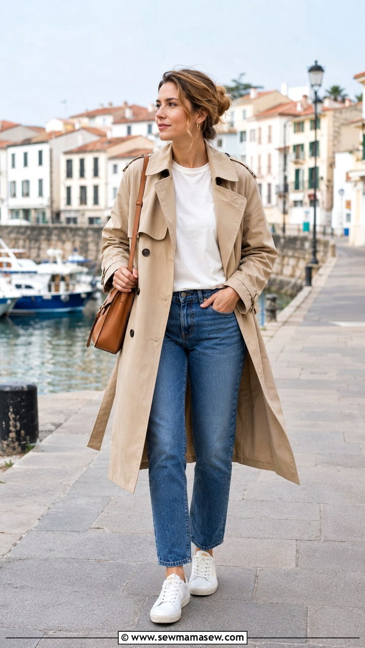 Beige Trench Coat With White Tee And Jeans Outfit - 20 cute coastal grandmother outfits