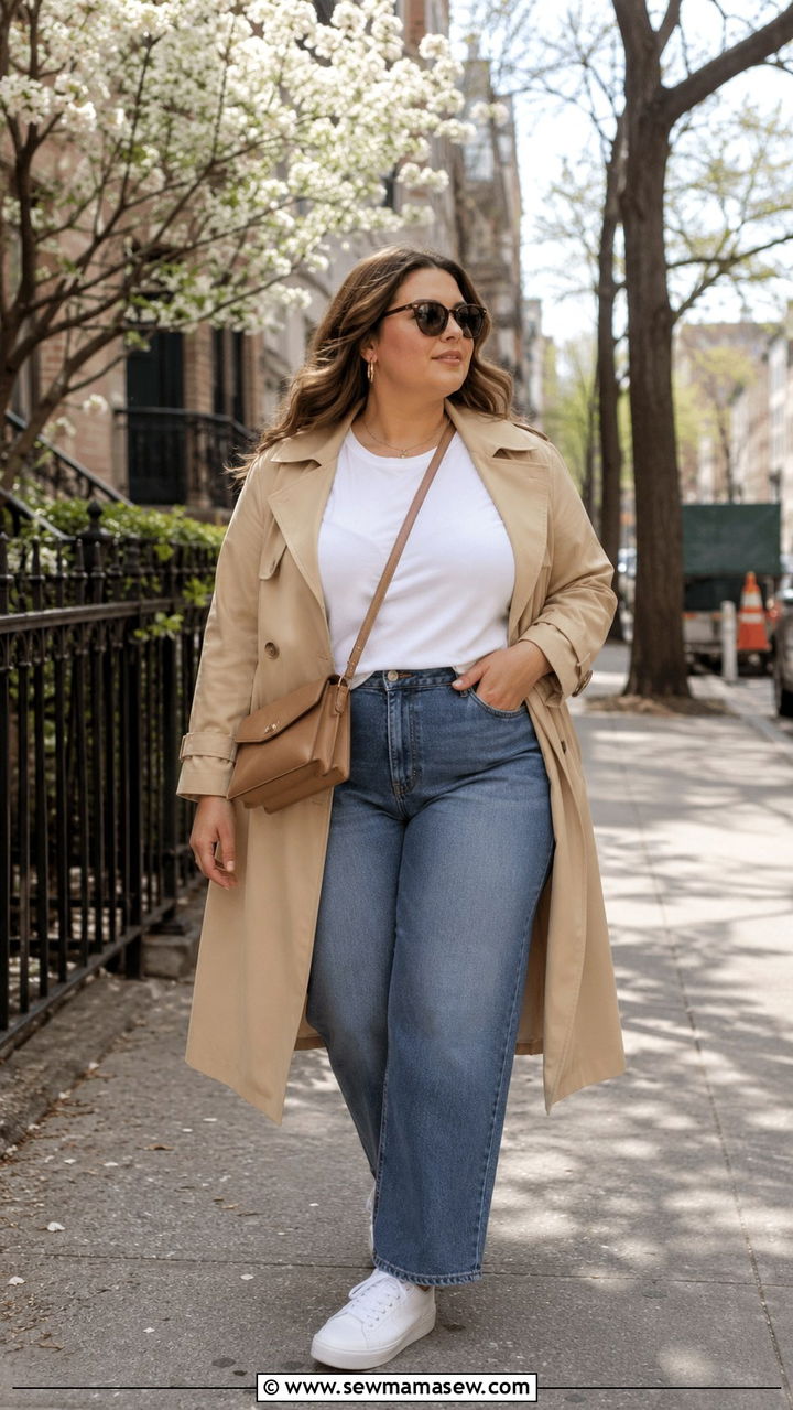 Beige Trench Coat With White Tee and Jeans Outfit - 30 Minimalist outfit ideas plus size