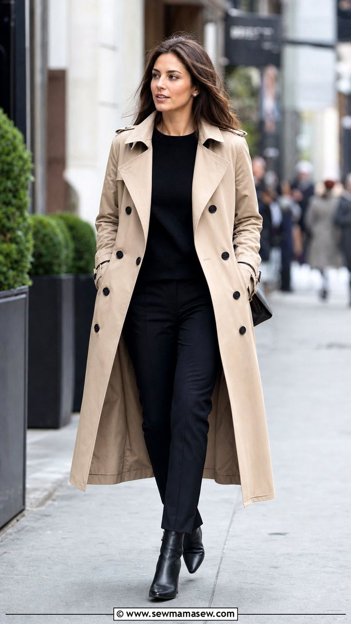 Beige Trench Coat and All Black Base Work Outfit - 25 Stealth wealth outfit ideas for work