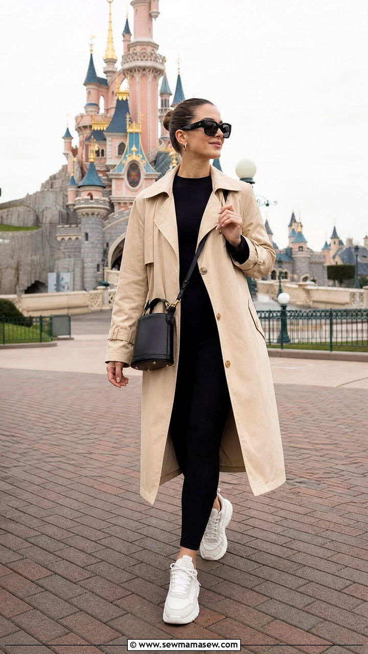 Beige Trench Coat and Black Leggings Athleisure Outfit - 30 Disneyland Paris outfit ideas