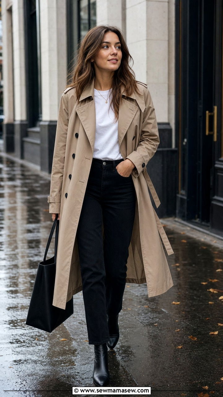 Beige Trench Coat and Black Straight Leg Jeans - 25 Clean girl outfit ideas for school