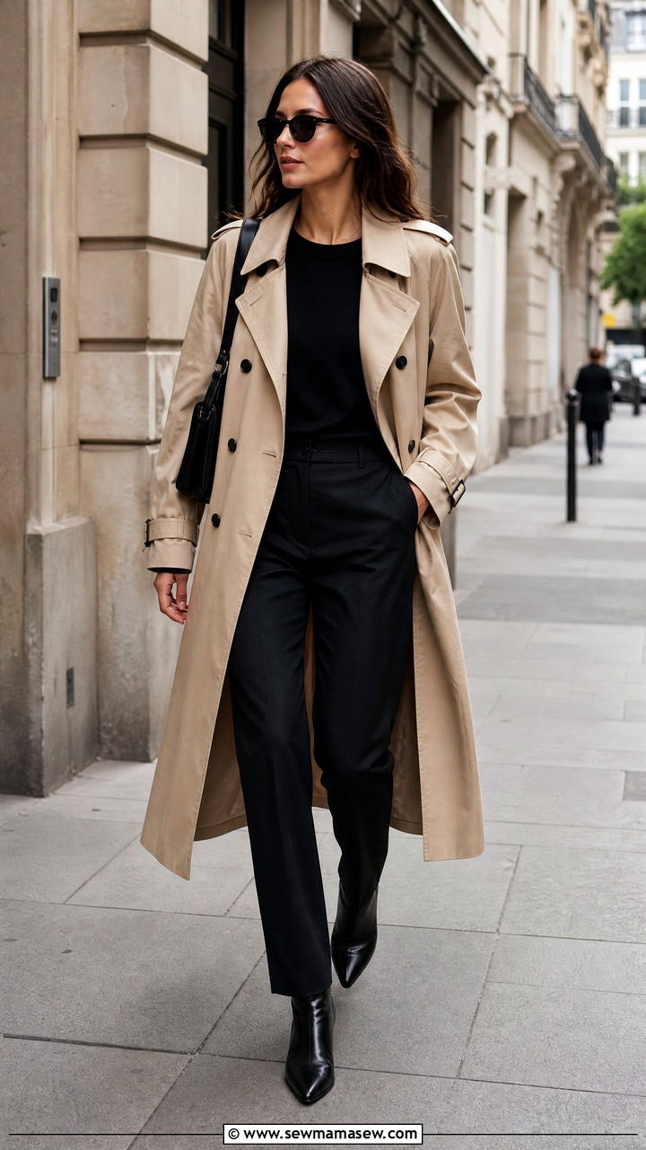 Beige Trench Coat and Black Trousers - 30 minimalist outfit ideas for women