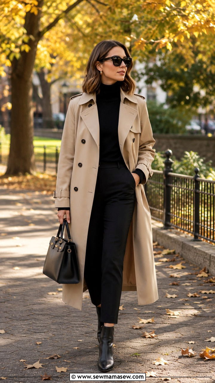 Beige Trench Coat and Black Turtleneck Outfit - 30 Quiet luxury wardrobe essentials