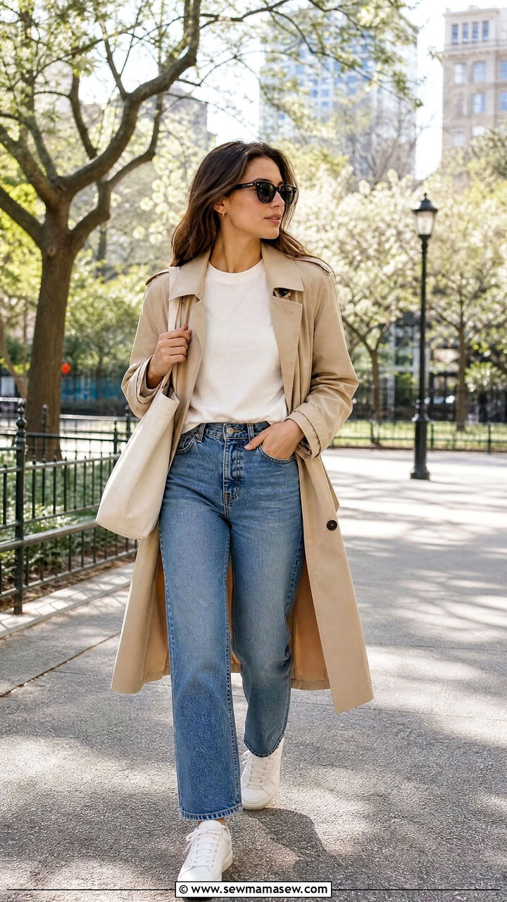 Beige Trench Coat and Blue Jeans Outfit - 25 classy clean girl outfit ideas