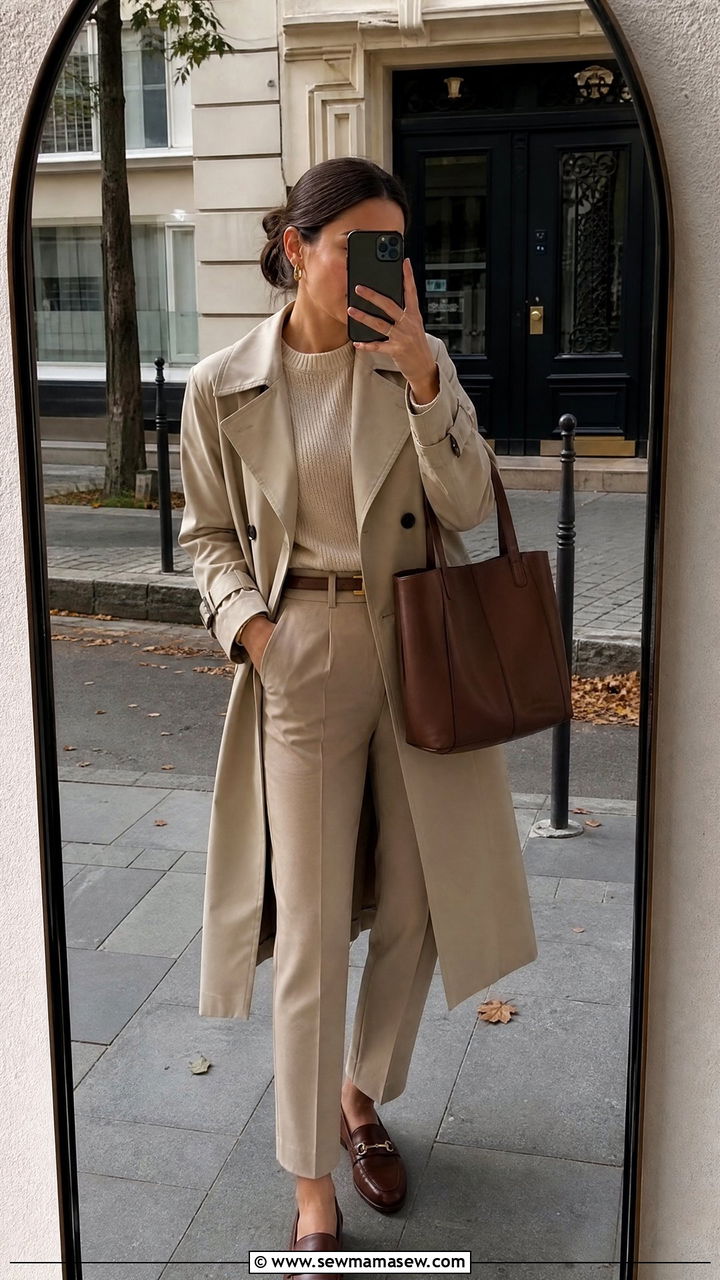 Beige Trench Coat and Cream Knit Office Outfit - 35 Minimalist work outfit ideas