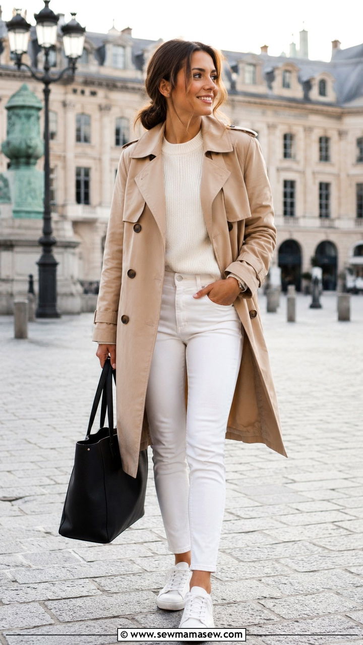 Beige Trench Coat and White Jeans Outfit - 20 French girl outfit ideas Charlotte Gainsbourg