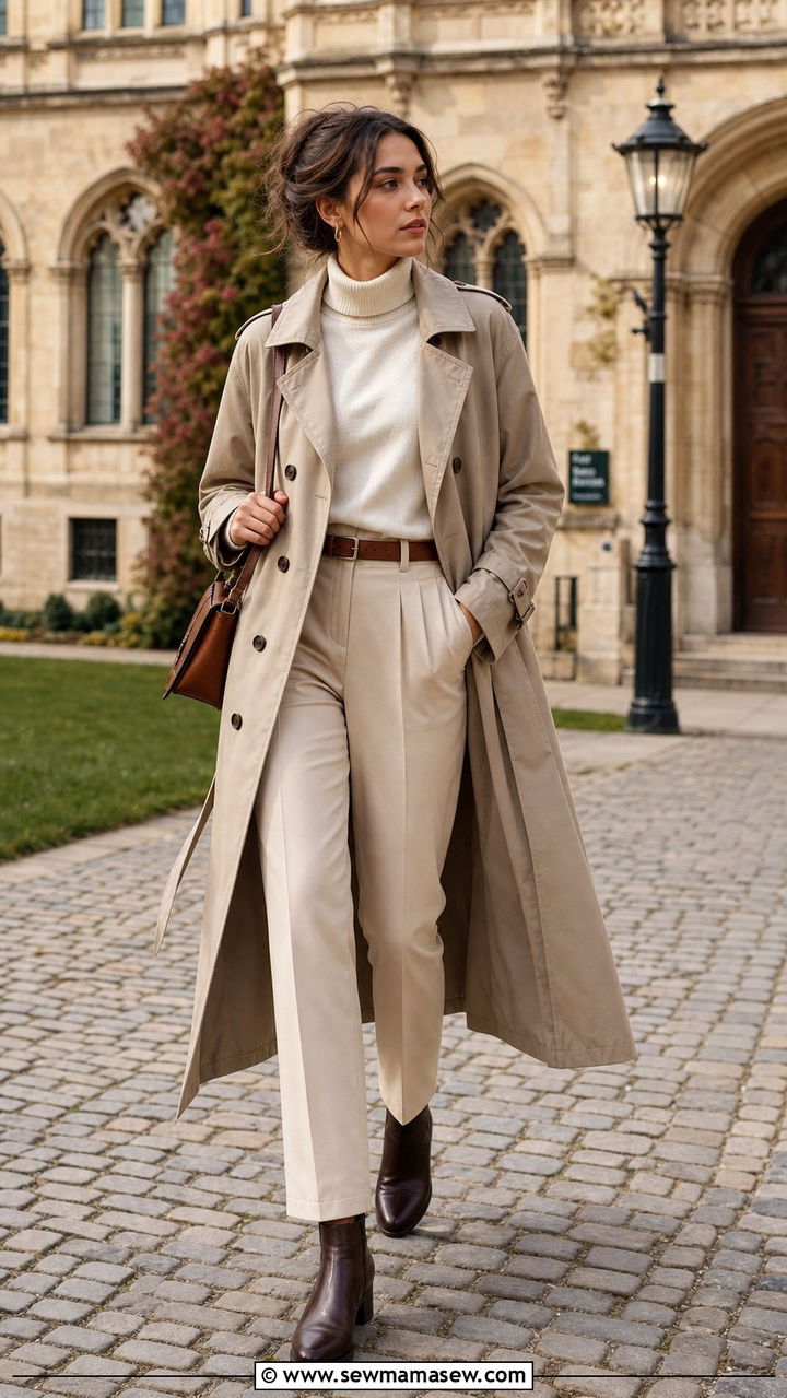 Beige Trench Coat over Cream Turtleneck and Tailored Trousers - 25 classy light academia outfits