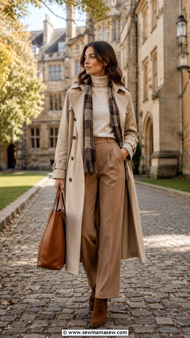Beige Trench Coat over Turtleneck and Wide Leg Trousers - 30 light academia outfits to copy