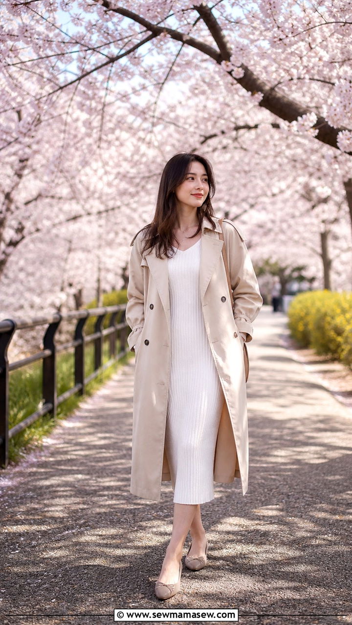 Beige Trench Coat over White Knit Dress and Ballet Flats - 40 old money outfits ideas
