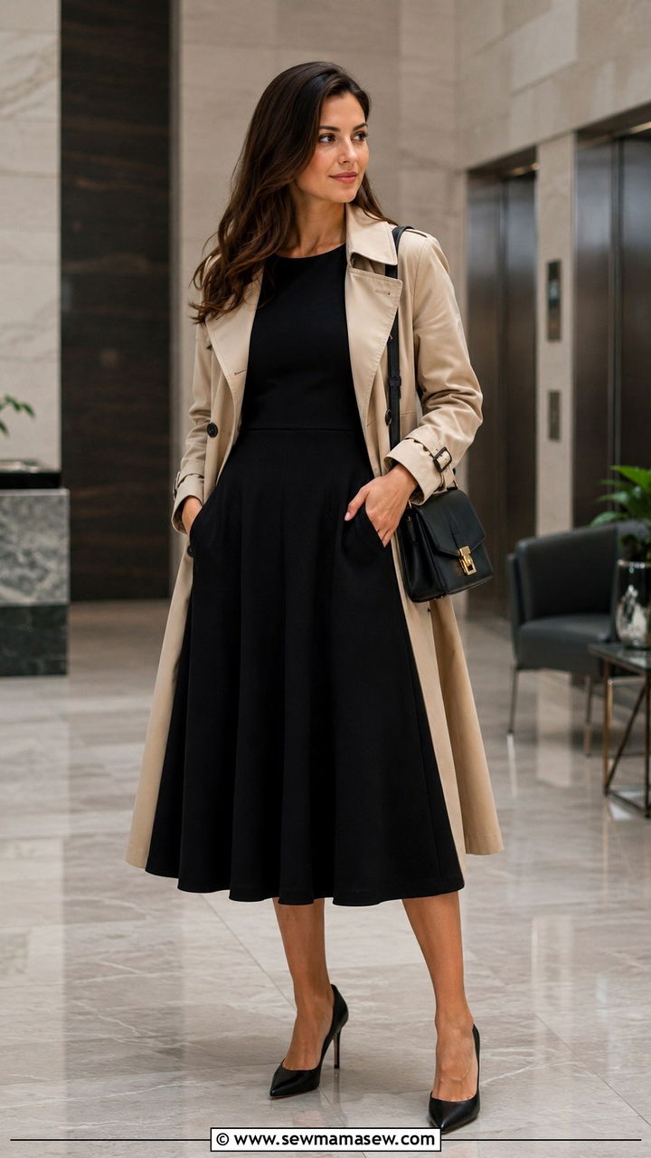 Beige Trench Coat with Black Midi Dress and Pointed Toe Heels - 30 Long trench coat outfit ideas with a dress
