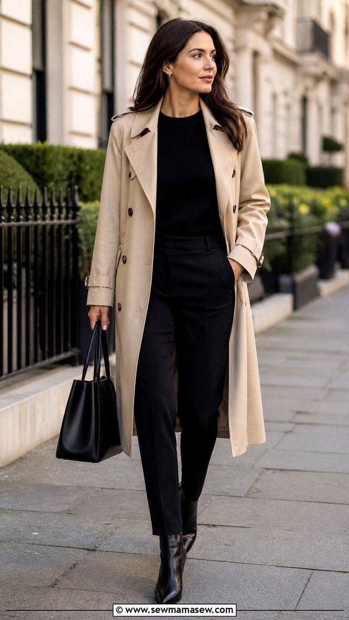 Beige Trench Coat with Black Separates - 40 business casual outfits for women