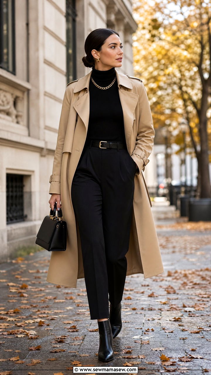 Beige Trench Coat with Black Turtleneck - 30 clean girl outfits aesthetic