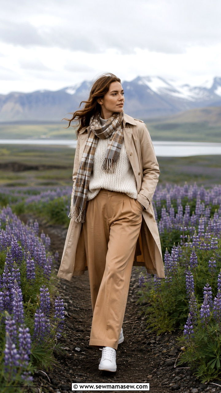 Beige Trench Coat with Chunky Knit Sweater and Wide Leg Pants - 30 Iceland outfit ideas