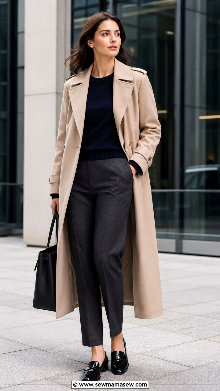 Beige Trench Coat with Fine Knit Sweater and Tailored Trousers - 30 Long trench coat outfit ideas with a sweater