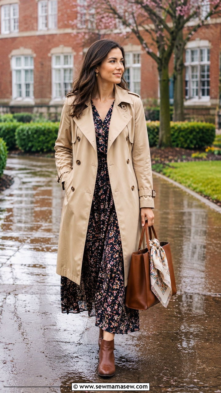 Beige Trench Coat with Floral Midi Dress and Ankle Boots - 30 Spring outfit ideas for teacher