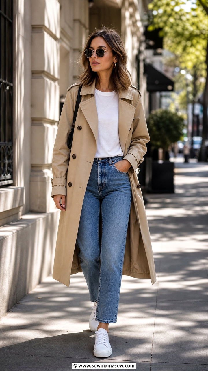 Beige Trench Coat with Straight Leg Jeans and White Sneakers - 35 how to style trench coat