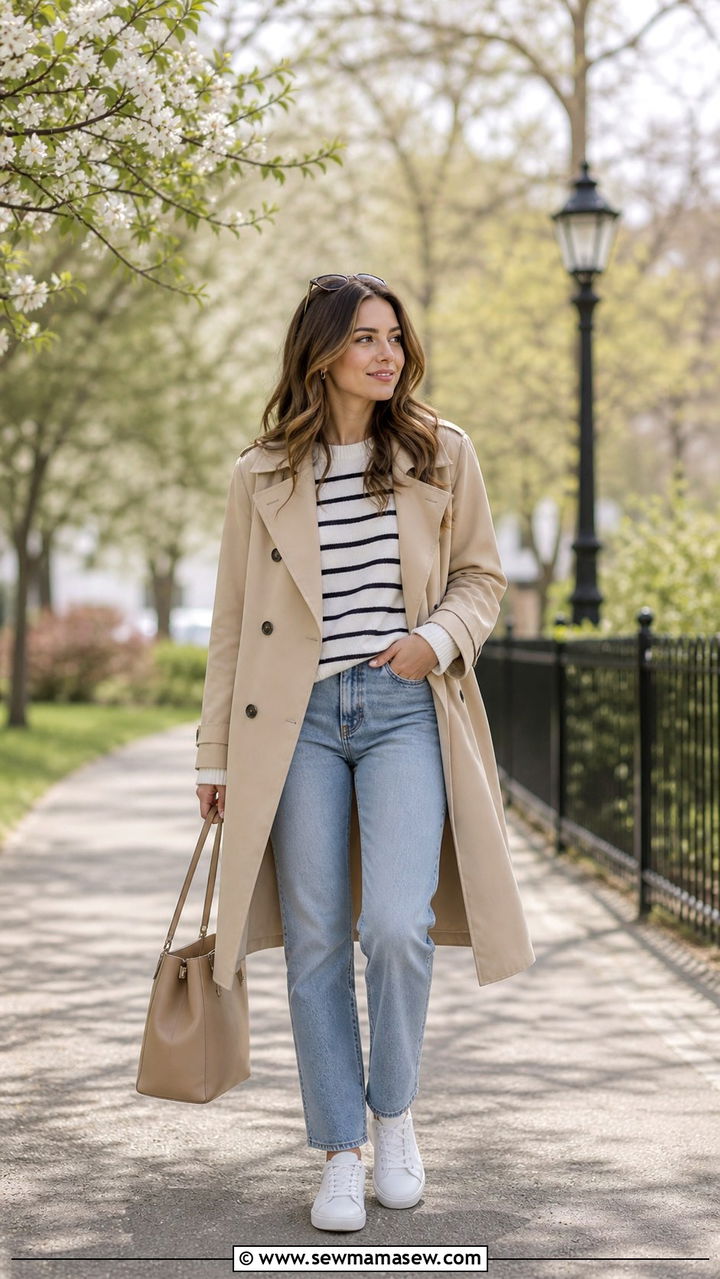 Beige Trench Coat with Striped Sweater and Straight Leg Jeans - 40 casual jacket outfits