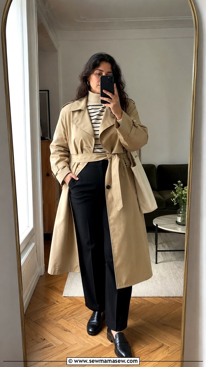 Beige Trench Coat with Striped Turtleneck and Trousers - 25 Plus size outfit ideas Parisian