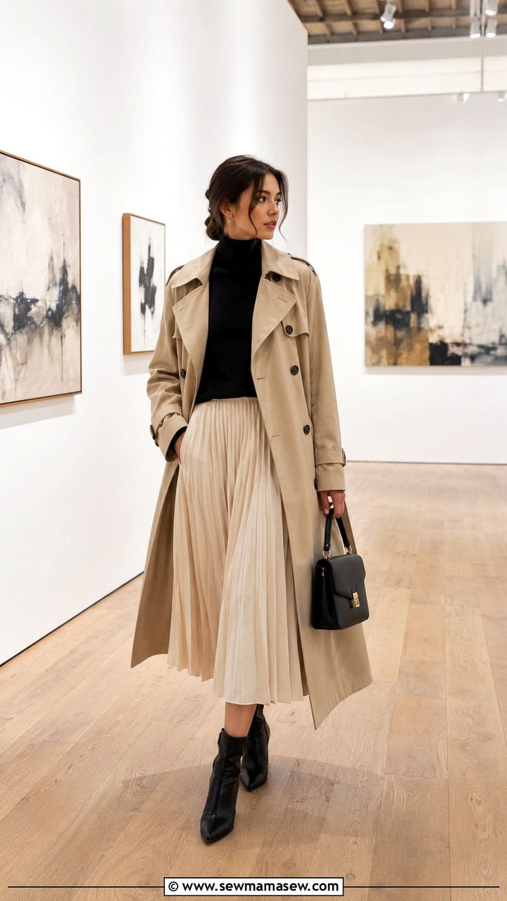 Beige Trench Coat with Turtleneck and Pleated Midi Skirt - 30 Long trench coat outfit ideas with a sweater