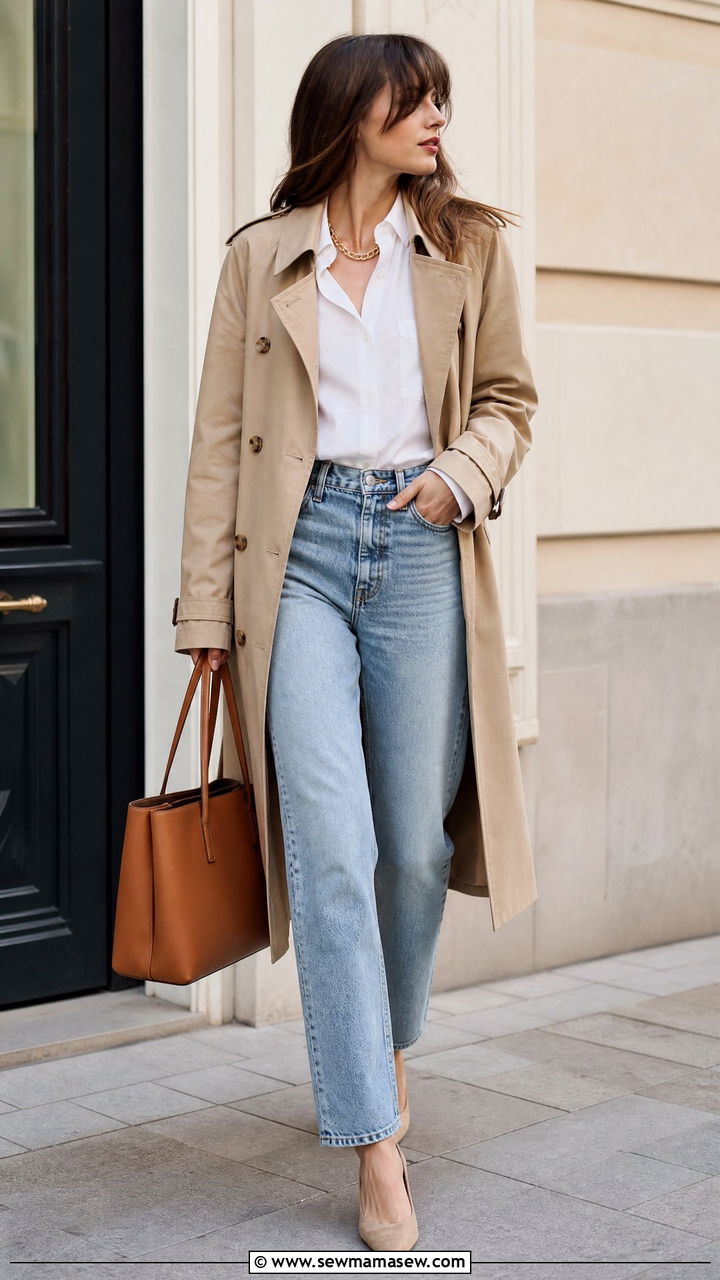 Beige Trench Coat with White Button Down and Blue Jeans - 30 French girl outfit ideas minimalist