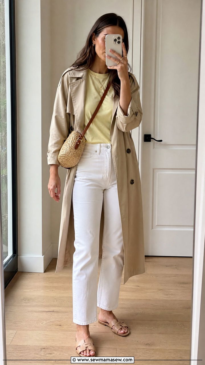 Beige Trench Coat with White Jeans and Flat Sandals - 30 Summer outfits with trench coats